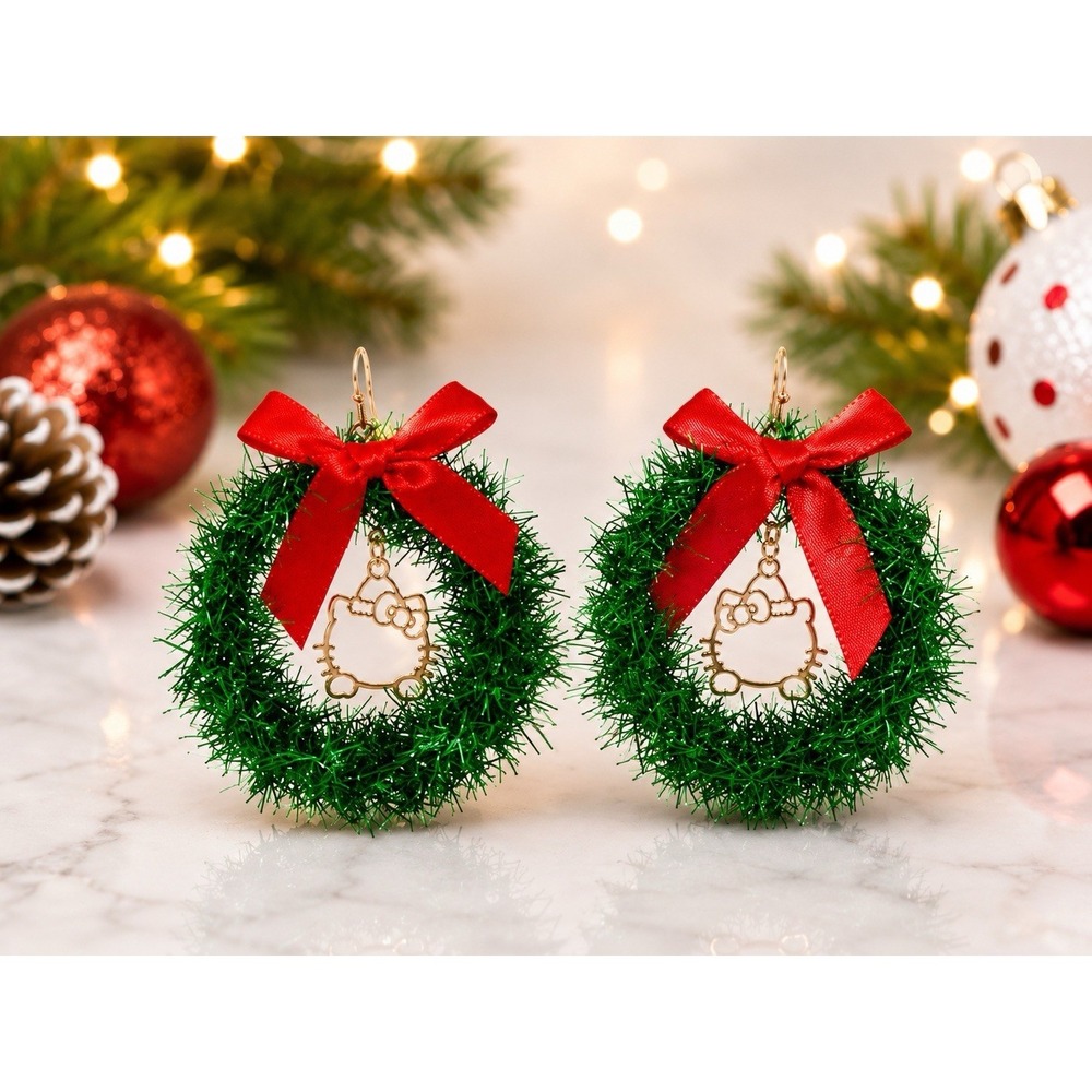 Sanrio Hello Kitty Christmas Wreath Hoop Earrings Green Tinsel Red Bow Bioworld